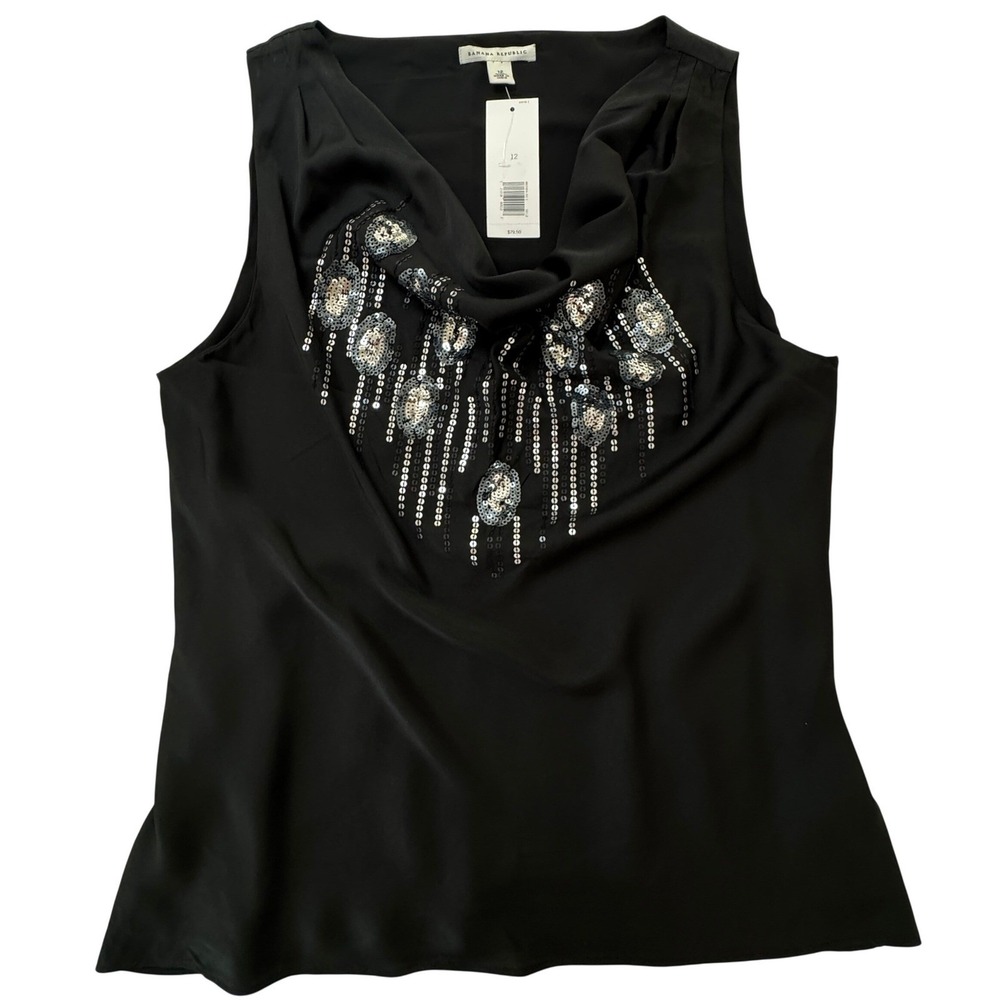 Banana Republic Sequin Cowl Neck Embellished Black Blouse Size 12 Evening Glam